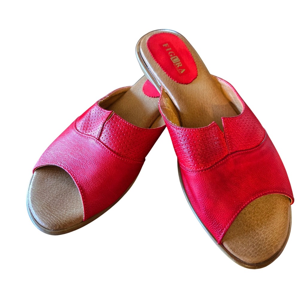 Figura by Arezzo Chic Red Textured Leather Open Toe Slide Sandals Size 42 Brazil